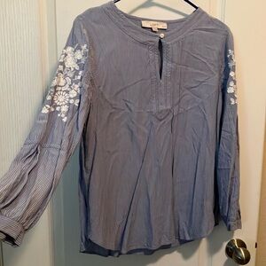 LOFT Blue Embellished Blouse with Mandarin Collar